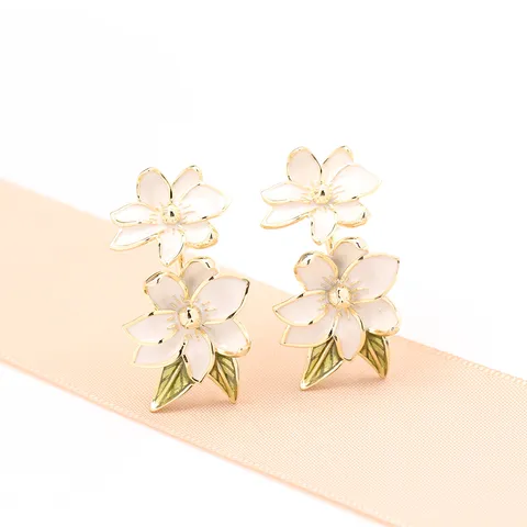 Elegant Gold Plated Enamel Gardenia Flower Stud Earrings With 925 Sterling Silver Earring Post Sweet Fresh Double Layer Floral Dangle Earrings For Women Jewelry Gift