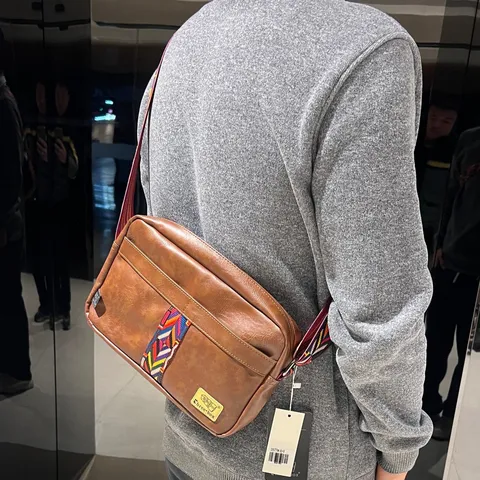 Borsa a Tracolla Retro Casual da Uomo in Pelle PU Nastro Tessuto Etnico Borsa a Spalla Impermeabile alla Moda