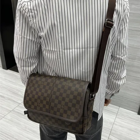 Sac Bandouliere en Cuir PU pour Hommes Vintage Damier Messenger Bag Sac d'Epaule Casual