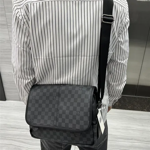 Sac Bandouliere en Cuir PU pour Hommes Vintage Damier Messenger Bag Sac d'Epaule Casual