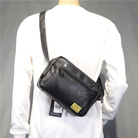 Borsa a Tracolla Casual in Pelle PU da Uomo Moda Tinta Unita Cerniera Borsa a Spalla Vintage Messenger per Viaggi Giornalieri