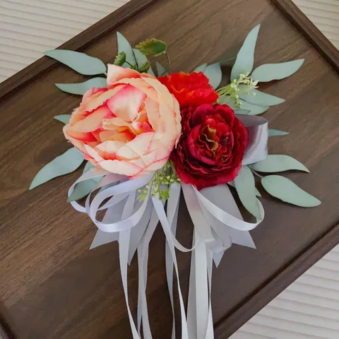 Artificial Silk Peony Flower Chair Back Decor Rose Bouquet with Ribbon for Wedding Party Staircase Car Home Decoration