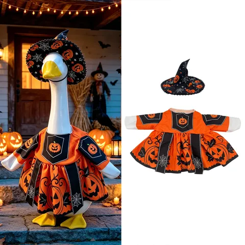Halloween Porch Goose Outfit Pumpkin Witch Hat And Orange Black Spider Web Pattern Dress For Garden Yard Goose Statue Decor