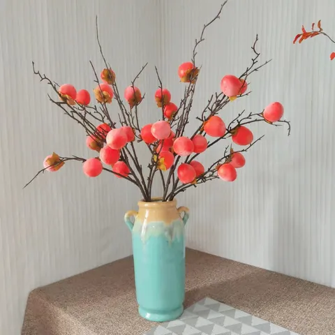 Ramo di Cachi Artificiale Stelo di Frutta Finta a 8 Teste Schiuma Bacche Rosso Arancione per Decorazione Casa Stile Cinese Oggetti di Scena