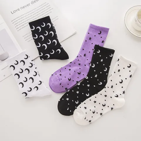 Damen Stern Mond Muster Kniehohe Socken Baumwolle Japanischer ins Stil Mode Lange Socken Für Herbst Winter Zubehör