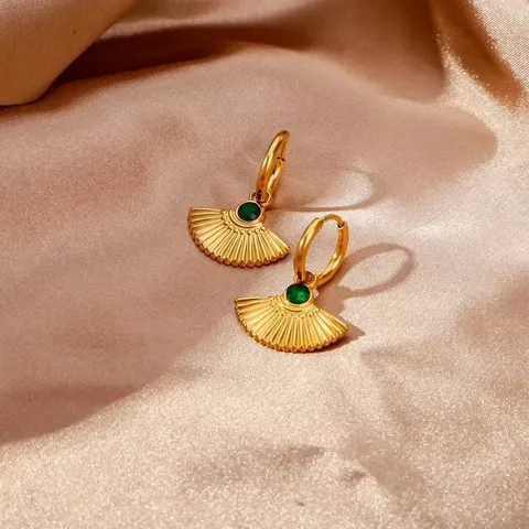 Elegant Copper Zirconia Fan Shaped Drop Earrings Luxury Gold Plated Green Stone Fan Earrings Delicate Fashion Jewelry For Women