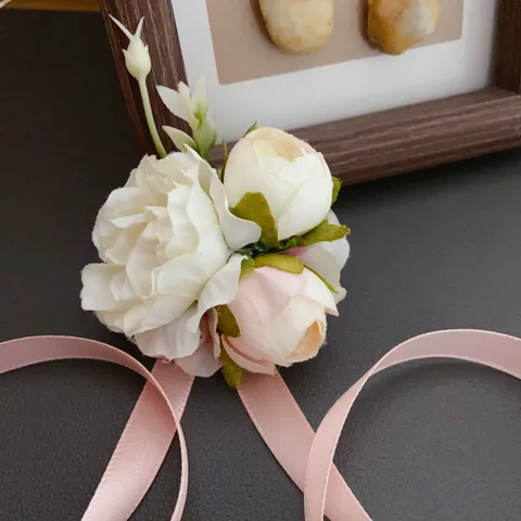 Pink White Artificial Silk Flower Corsage Hair Accessory Ribbon For Wedding Photography Graduation Hanfu Party