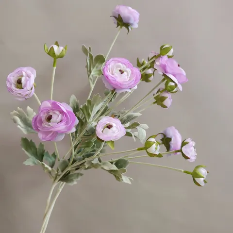 High Quality 6 Heads Artificial Ranunculus Flocked Silk Flower Branch For Home Wedding Party Decoration Floral Arrangement