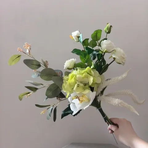Bouquet de Fleurs en Soie Artificielle avec Roses Blanches et Vertes Hortensia Décoration de Maison Mariage Fête Arrangement de Centre de Table