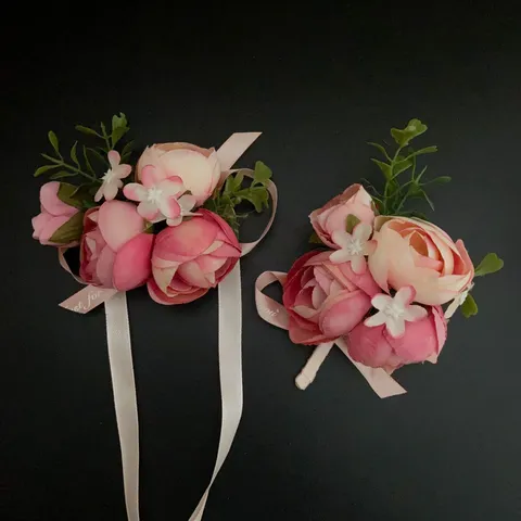 Handmade Silk Rose Boutonniere Wrist Corsage Wedding Party Decorative Flower Groom Groomsman Bridesmaid Floral Prop