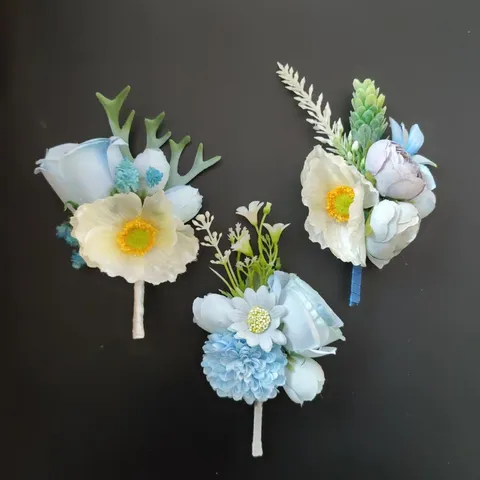 Boutonnière Hecha a Mano de Flor de Seda Rosa Azul Corsaje de Novio Boda Fiesta Invitado de Negocios Flor Artificial Pin de Solapa