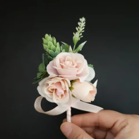 Light Pink Artificial Silk Rose Boutonniere With Green Leaves And Ribbon For Groom Groomsman Wedding Party Floral Decor