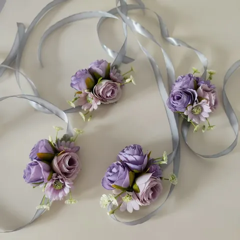 Corsage de Muñeca de Flor de Rosa de Seda Artificial Pulsera con Cinta para Dama de Honor Fiesta de Boda Joyería de Mano de Novia