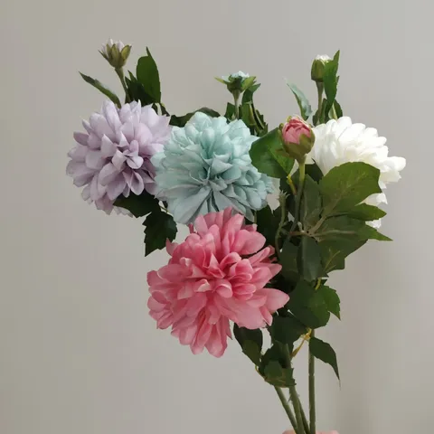 Fleur de Dahlia Artificielle Tige Unique Branche Florale en Soie Avec Feuilles Vertes Pour Décoration Maison Fête Mariage Accessoires