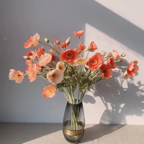 Artificial Iceland Poppy Flocked Silk Flower Branch Fake Poppy Floral Arrangement For Home Wedding Decor