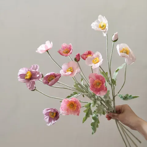 Artificial Flowers Poppy Flocking Silk Flower Bouquet For Home Wedding Party Decor Photography Props