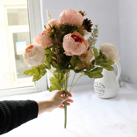 European Vintage Artificial Silk Peony Flowers 13 Heads Bouquet For Home Decor Photography Background