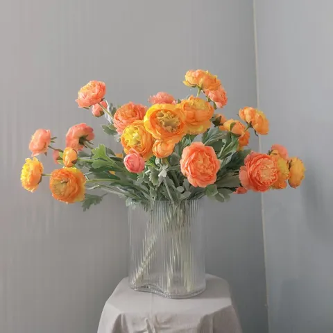 Artificial Silk Ranunculus Flower Branches Flocked Fake Flowers For Home Living Room Wedding Party Decor