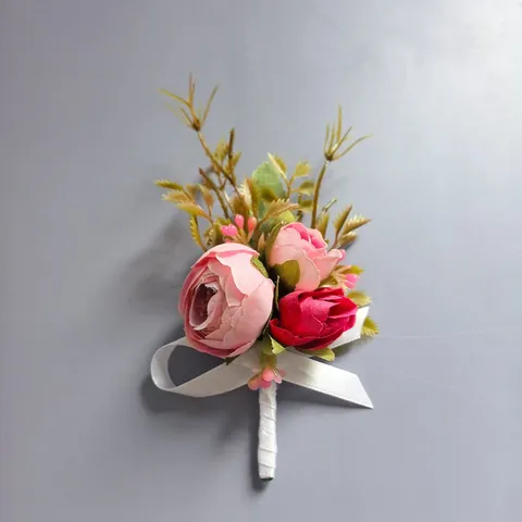 Pink Artificial Rose Flower Boutonniere Silk Fabric Wedding Corsage Groom Bride Party Supplies