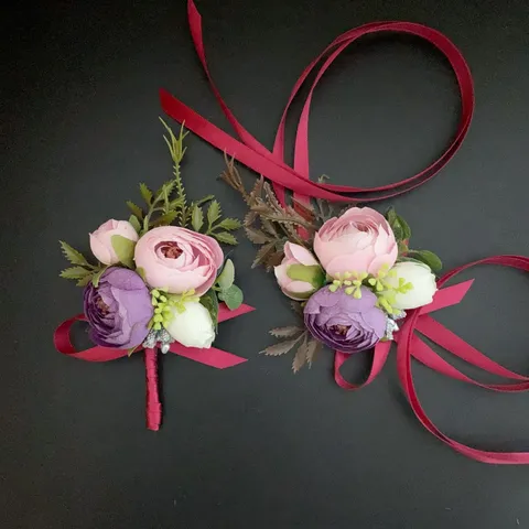 Artificial Silk Flower Boutonniere And Wrist Corsage Pink Purple Fake Rose Wedding Party Prom Suit Dress Decoration
