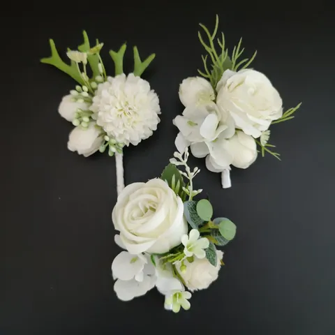 Artificial White Rose Boutonniere Handmade Silk Flower Wedding Groom Groomsman Corsage Wrist Flower Party Event Supplies