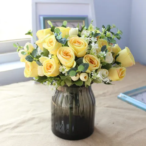 Artificial Rose Eucalyptus Flower Bouquet Fake Silk Flowers For Home Wedding Decor Party DIY Crafts Arrangement