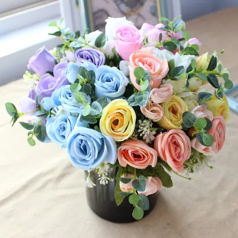 Artificial Rose Eucalyptus Flower Bouquet Fake Silk Flowers For Home Wedding Decor Party DIY Crafts Arrangement