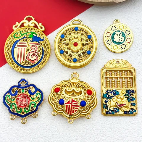 Traditional Chinese Style Zinc Alloy Enamel Abacus Lock Charms DIY Jewelry Making Accessories Antique Gold Hollow Lucky Pendant Findings