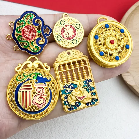 Traditional Chinese Style Zinc Alloy Enamel Abacus Lock Charms DIY Jewelry Making Accessories Antique Gold Hollow Lucky Pendant Findings