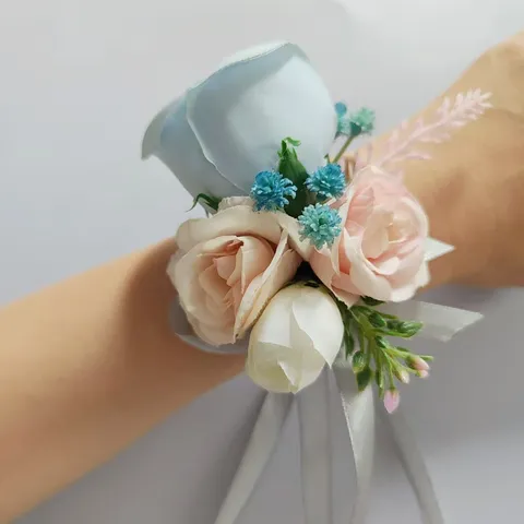 Artificial Rose Flower Boutonniere Wrist Corsage Silk Floral Ribbon Wedding Party Photography Business Decoration