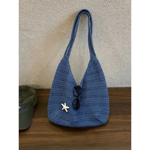 Borsa Tote Lavorata a Maglia Traforata da Donna Stile Coreano Casual Borsa a Tracolla con Motivo a Stella Estate Spiaggia Viaggio Borsa Quotidiana