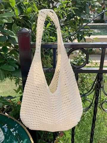 Borsa Tote Intrecciata in Stile Coreano da Donna Traforata Casual Vacanza Borsa a Spalla Poliestere Borsa a Mano Quotidiana