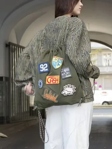 Women Casual Military Green Drawstring Backpack Large Capacity Travel School Bookbag Vintage Embroidery Fashion Daypack