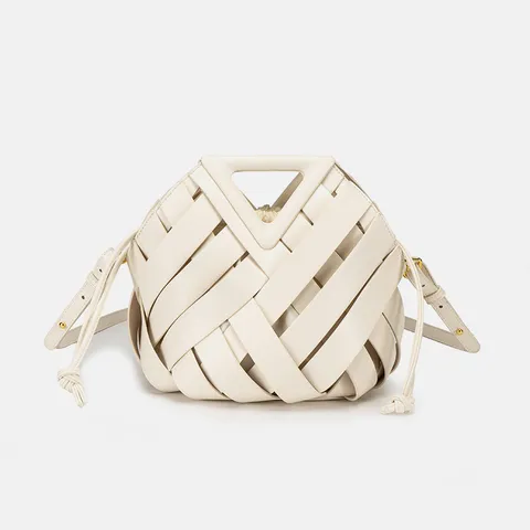 Sac Bandoulière à Poignée en Cuir Tissé Pour Femmes Grande Capacité Mode Sac Seau Poignée Triangle