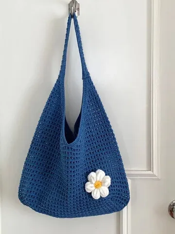 Sac Cabas Tricoté Ajouré à Fleurs Style Niche Mode Coréenne Femmes Vacances Décontracté Simple Sac à Bandoulière