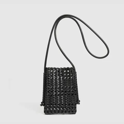 Sac Bandoulière Tissé en Cuir PU Décontracté pour Femme Sac Ajouré Petit Carré Mode Pochette Téléphone