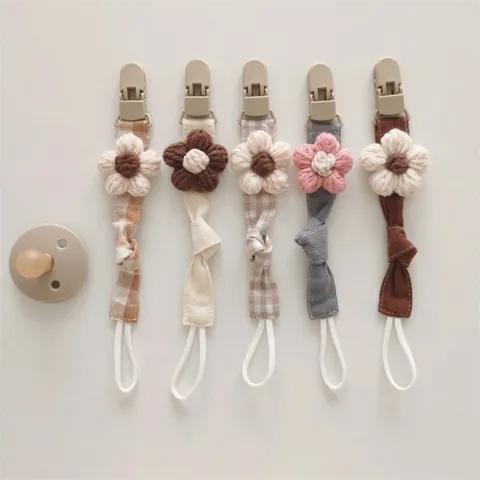 Handmade Knitted Floral Pacifier Chain Fabric Anti-Drop Soother Holder Strap Infant Teething Toy Gift