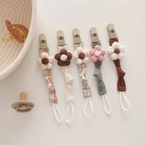 Handmade Knitted Floral Pacifier Chain Fabric Anti-Drop Soother Holder Strap Infant Teething Toy Gift