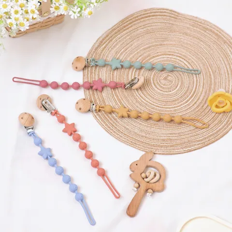 Baby Pacifier Chain Food Grade Silicone Teething Beads Star Pendant Newborn Anti Drop Toy Clip Soother Holder Accessories