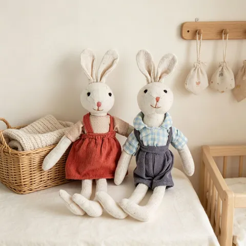Cute Cotton Linen Rabbit Plush Toy Stuffed Animal Doll With Dress Overalls Soft Kid Companion Home Decor Holiday Gift