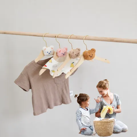 INS Style Wooden Children Clothes Hanger Cute Plush Bear Head Design Kids Room Storage Garment Hanger Multiple Colors