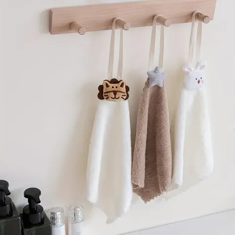 Korean Style Cartoon Bear Hanging Hand Towel Cute Animal Absorbent Quick Drying Soft Coral Fleece Kitchen Bathroom Towel