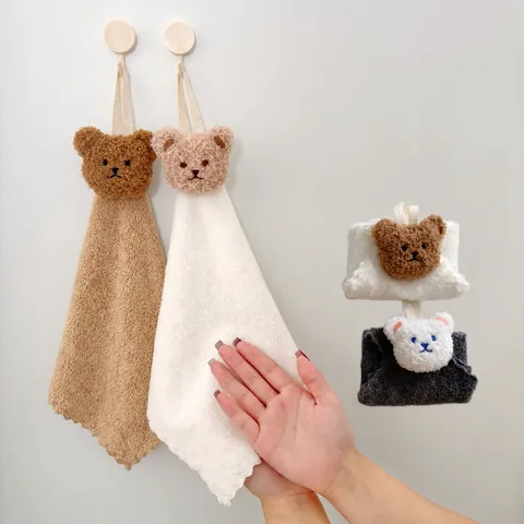 Korean Style Cartoon Bear Hanging Hand Towel Cute Animal Absorbent Quick Drying Soft Coral Fleece Kitchen Bathroom Towel