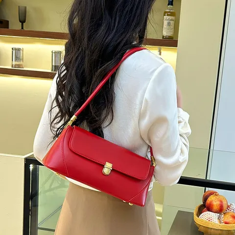 Sac Bandoulière Baguette en Cuir PU pour Femme Sac Sous les Aisselles Couleur Unie Tendance Rétro