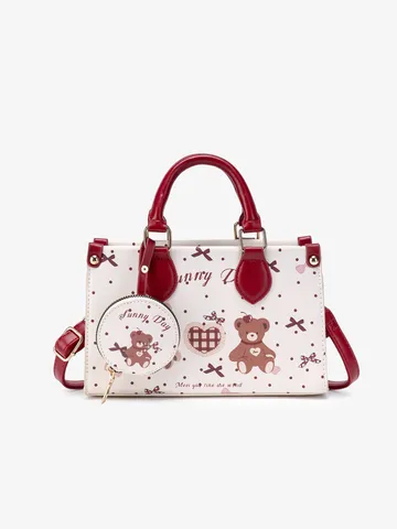 Women's Cute Little Bear Print PU Leather Handbag Japanese Sweet Style Large Capacity Commuting Casual Crossbody Bag