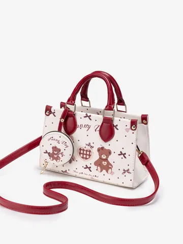 Women's Cute Little Bear Print PU Leather Handbag Japanese Sweet Style Large Capacity Commuting Casual Crossbody Bag
