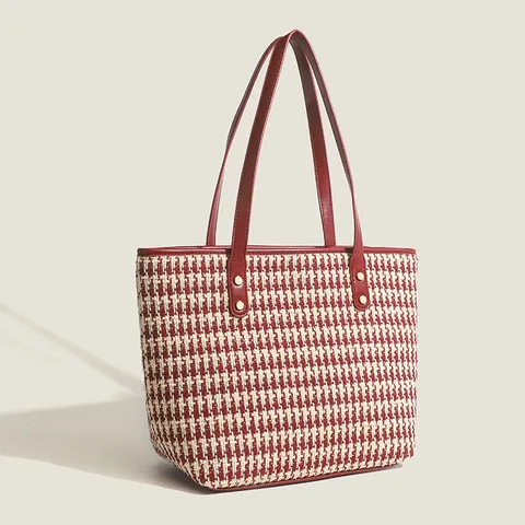 Women Fashion Houndstooth Tote Bag Large Capacity Woolen Fabric Shoulder Bag Elegant Casual Daily Handbag