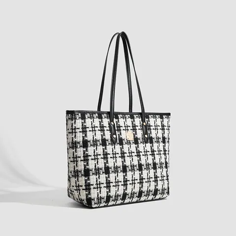 Dames Mode Vintage Tweed Tote Bag Grote Capaciteit Casual Hondentand Schoudertas Woon-Werk Handtas