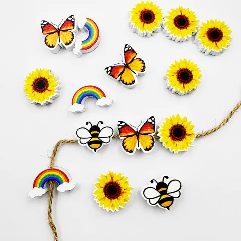 Perles en Bois Imprimées Papillon Abeille Arc-en-ciel Tournesol pour Fabrication de Bijoux DIY Artisanat et Décoration de Maison