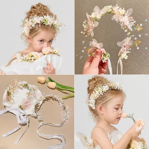 Elegante Cerchietto a Corona con Fiori e Perle per Bambine Accessorio per Capelli con Farfalla e Ghirlanda Floreale in Garza e Lega per Matrimonio Festa Spettacolo